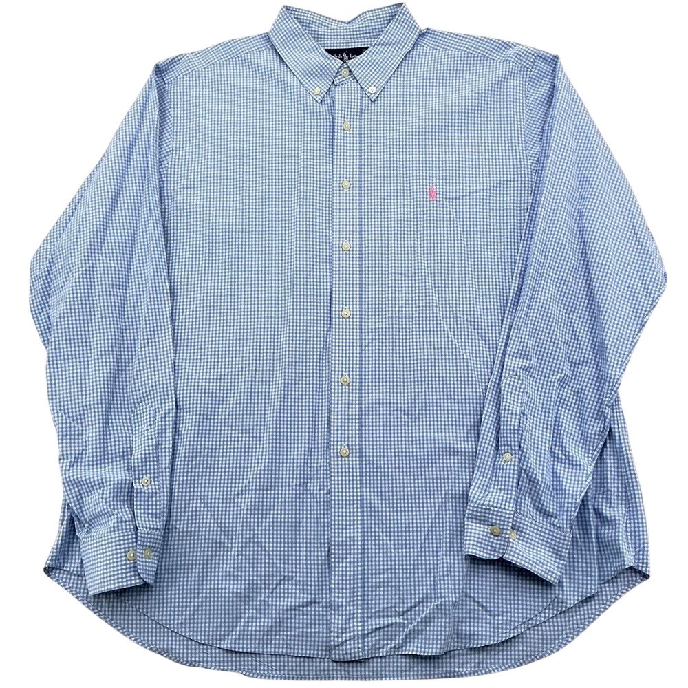 Vintage Ralph Lauren Button Down Shirt Mens XXL Blue Gingham Cotton Preppy